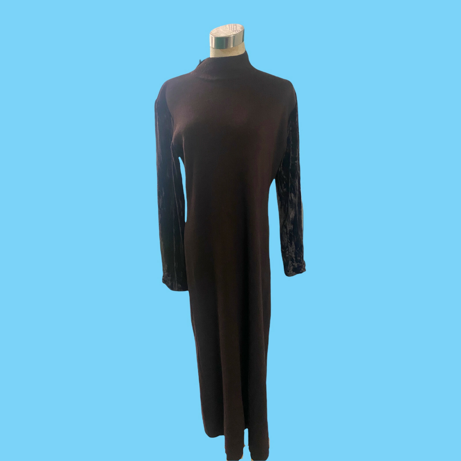 Vintage Nina Charles For Kasper ASL Brown Maxi Dress W/ Velvet Arms