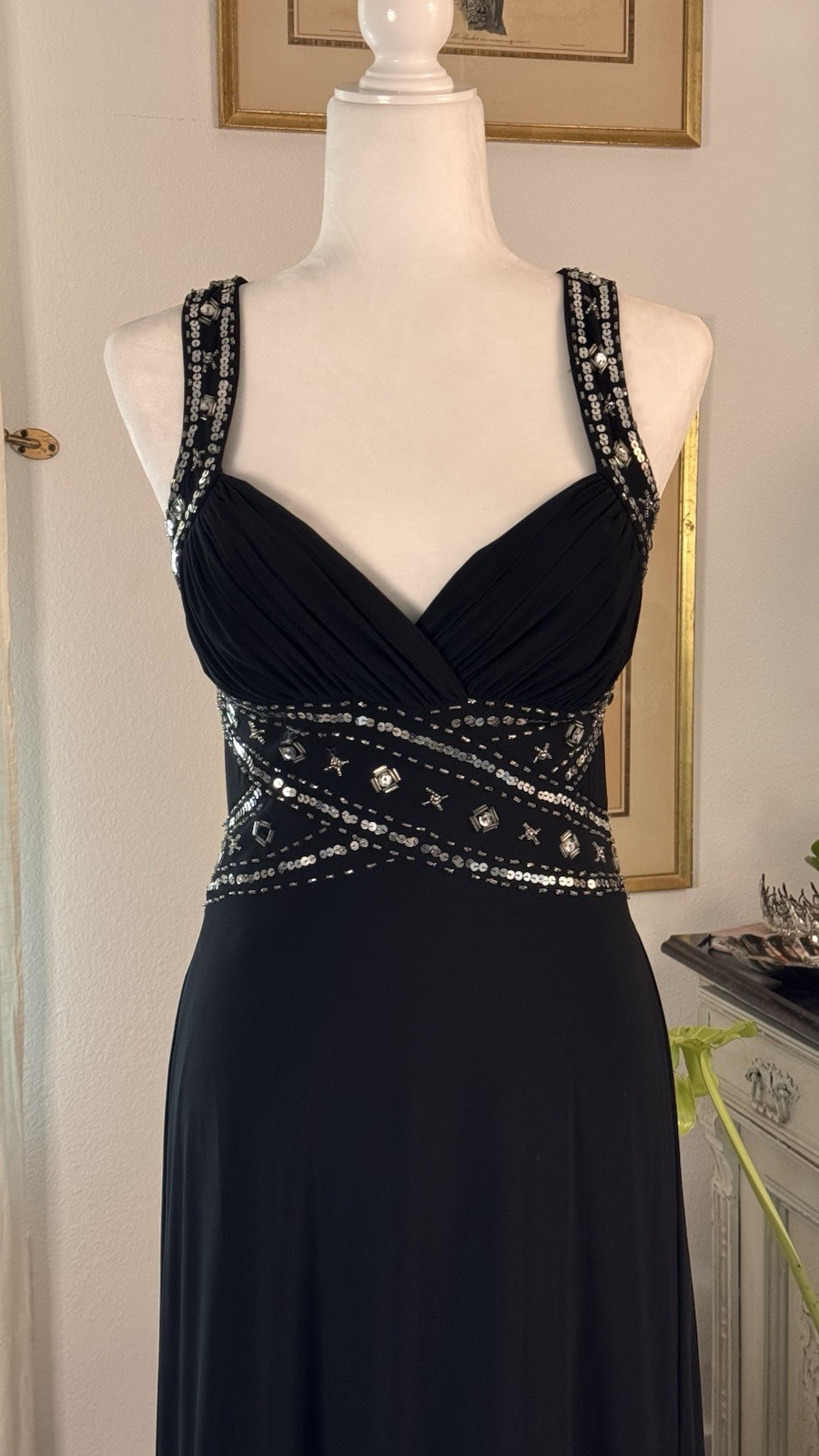 Stunning 90s Vintage Black and Silver Beaded Floor Length Gown