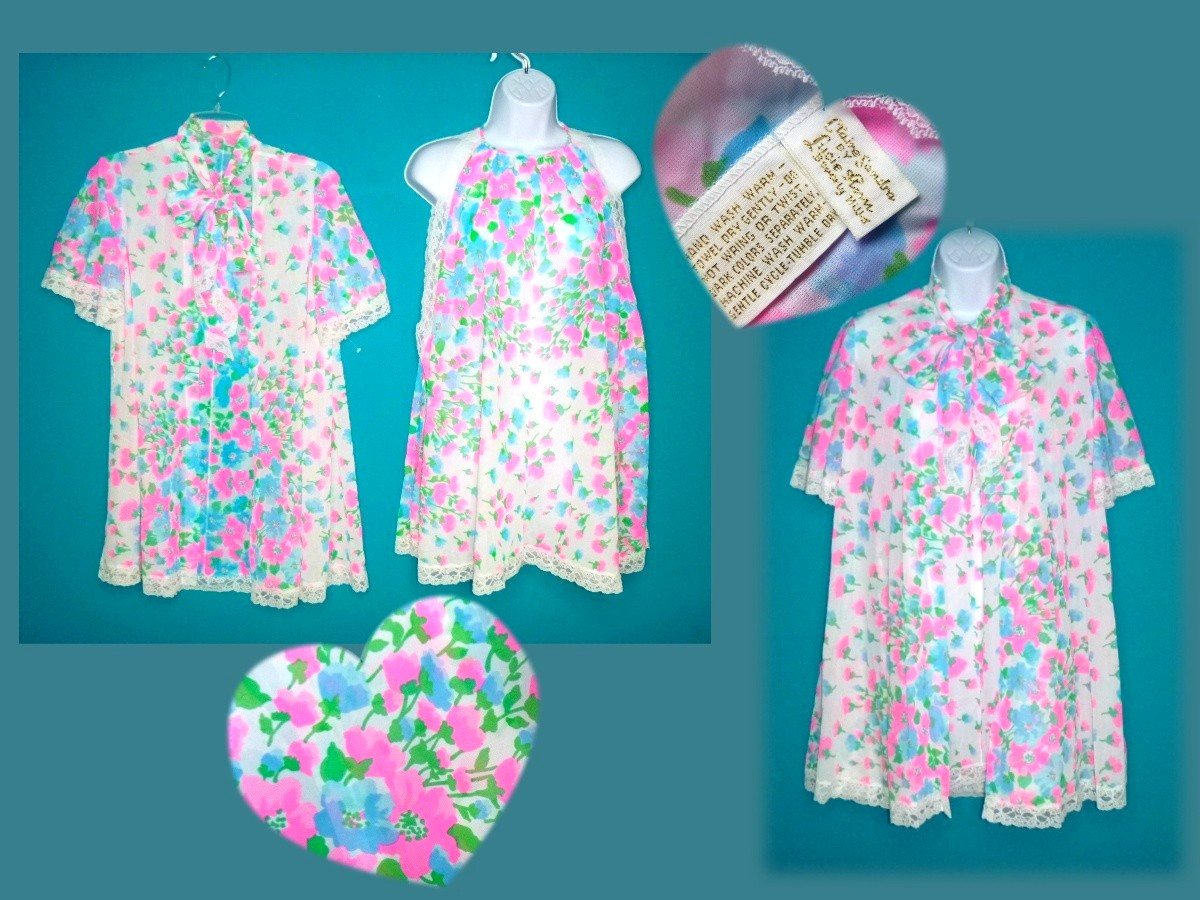 NWOT Vtg Claire Sandra By Lucie Ann MOD Floral Short Baby Doll Peignoir Set Sz M
