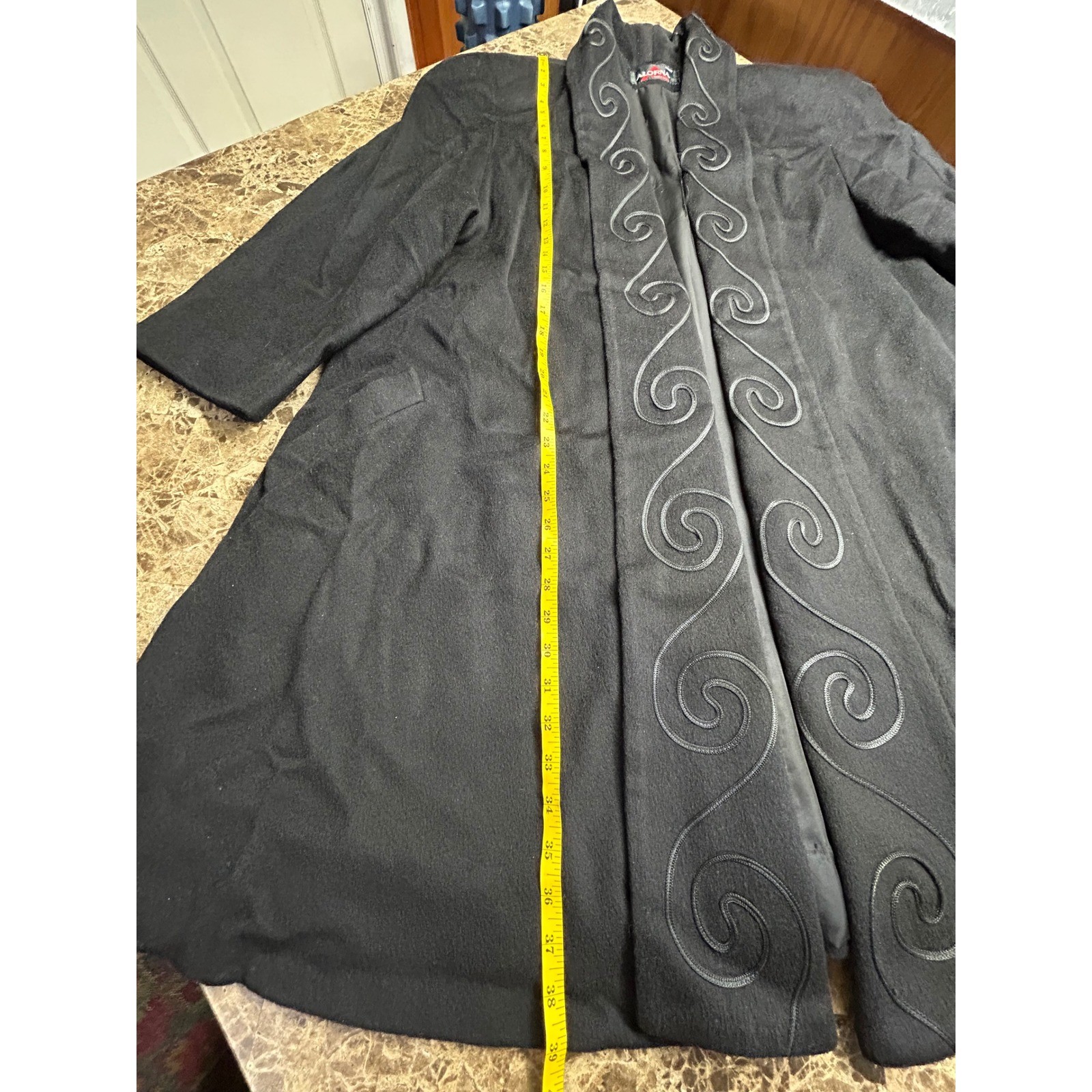 Alorna Vintage Womens Embroidered Open Front Long Coat Black Wool Blend