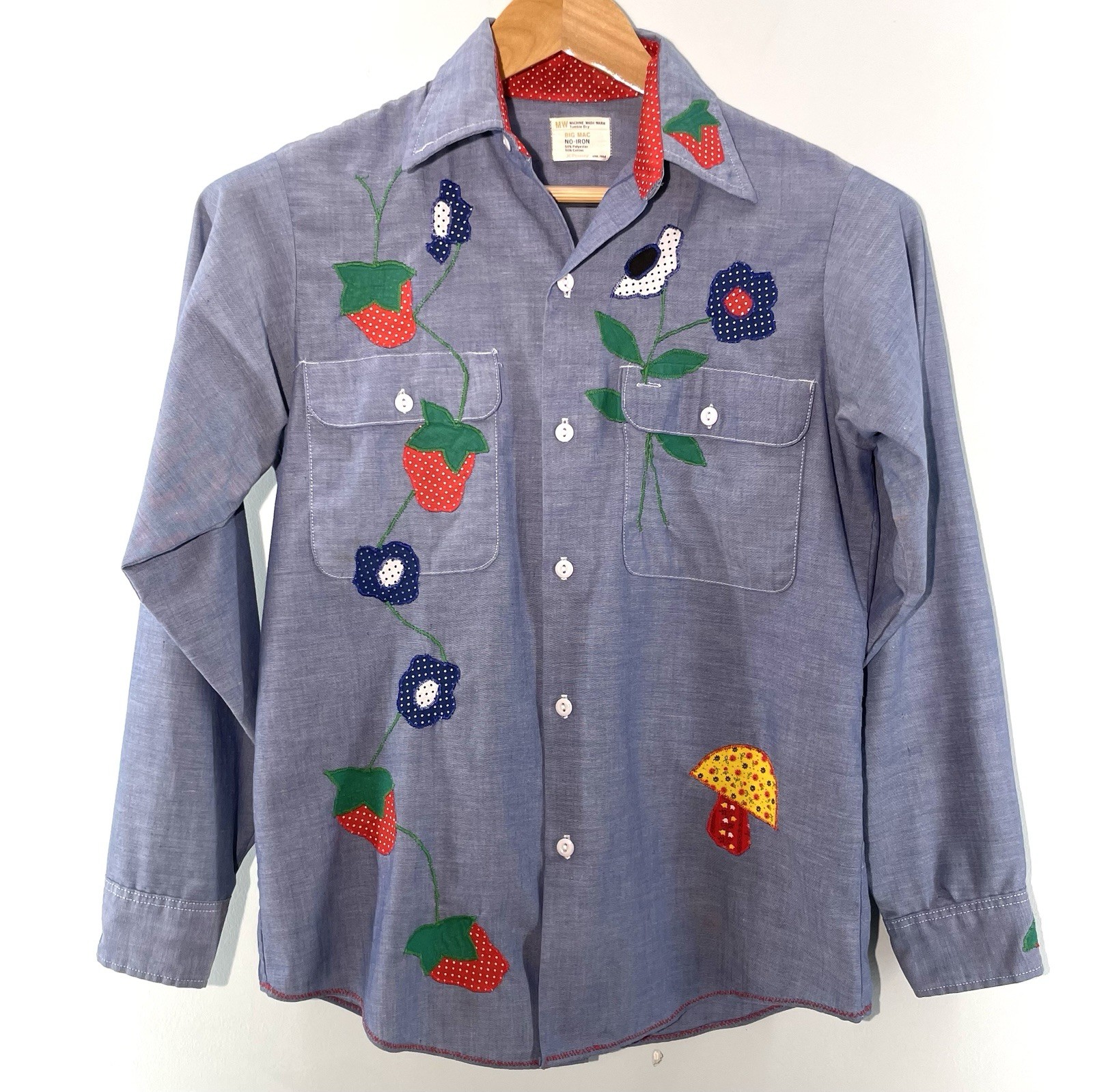 Vintage 70s JC Penney Womens Medium Big Mac Shirt Blue Embroidered Appliqué
