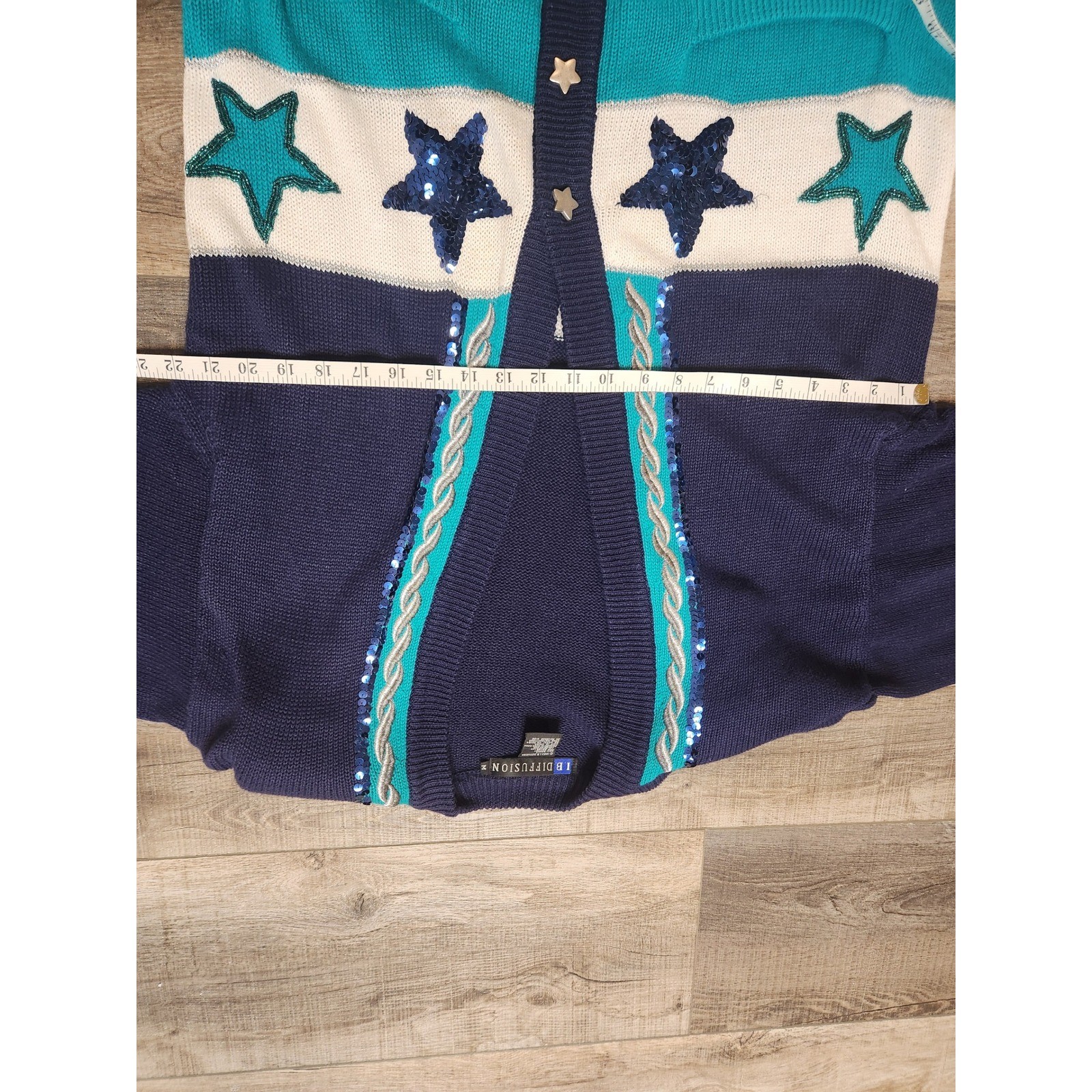I.B. Diffusion Star Cardigan Womens Medium Navy Teal Sequin Vtg 90s Good Starry