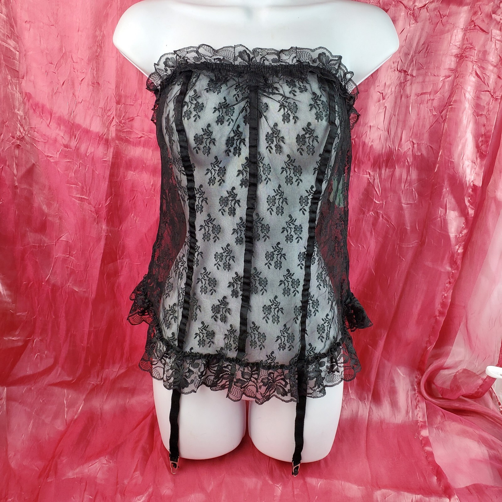 Vtg 70s Lace Nylon CHEMISE LINGERIE GARTERS Baby Doll Pin-Up Sissy Sexy Granny