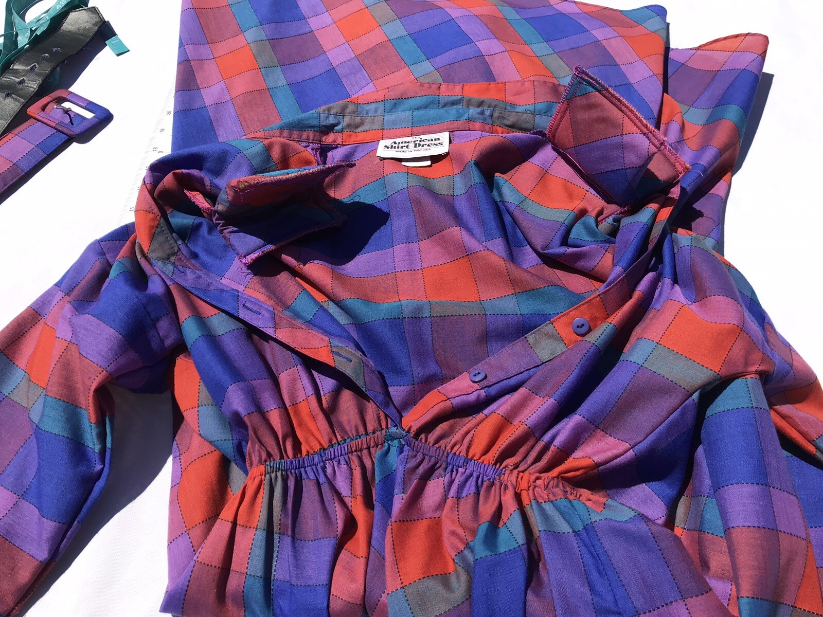 Vtg 80’s AMERICAN SHIRT DRESS Women’s M L 13 Geo Color Block Belted Shldr Pads