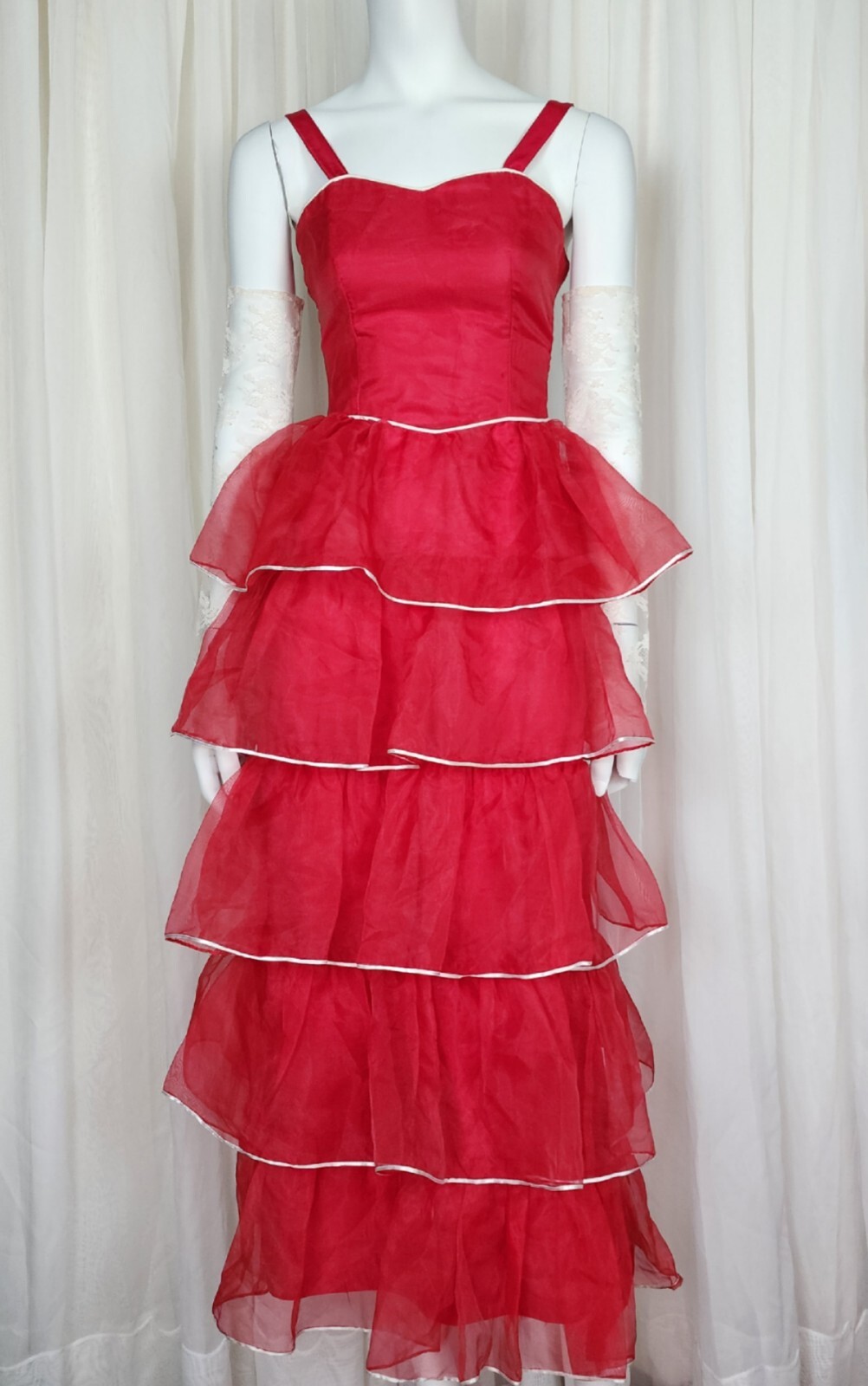 vintage red tier ruffle Southern Belle costume dress XXS/XS with lace gauntlets