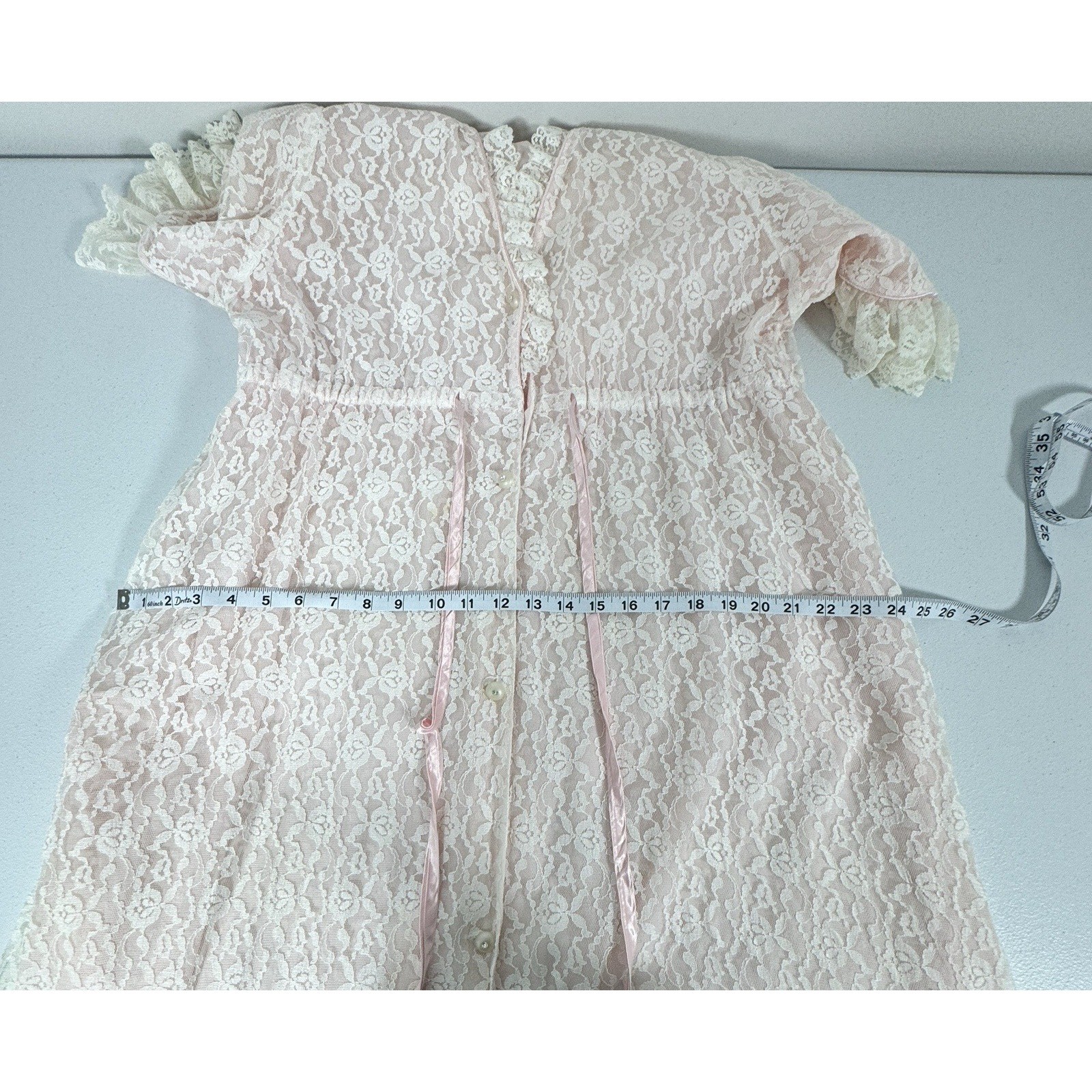 Vintage Pink Lace Maxi Robe Sheer Overlay Pockets Tie Waist Romantic M READ