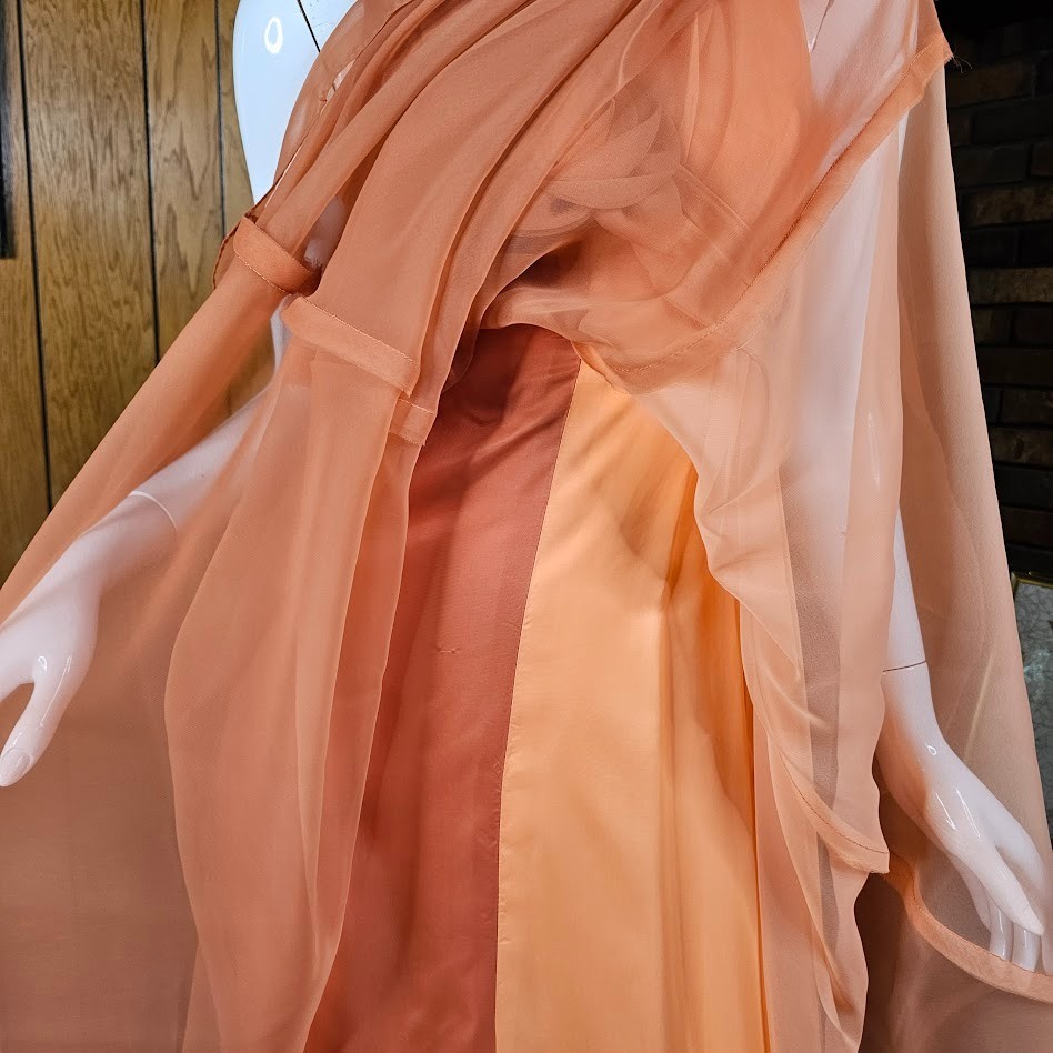 Vtg 70s Peach Chiffon Formal Maxi Dress Rosette Prom Bewitched Party Wedding S