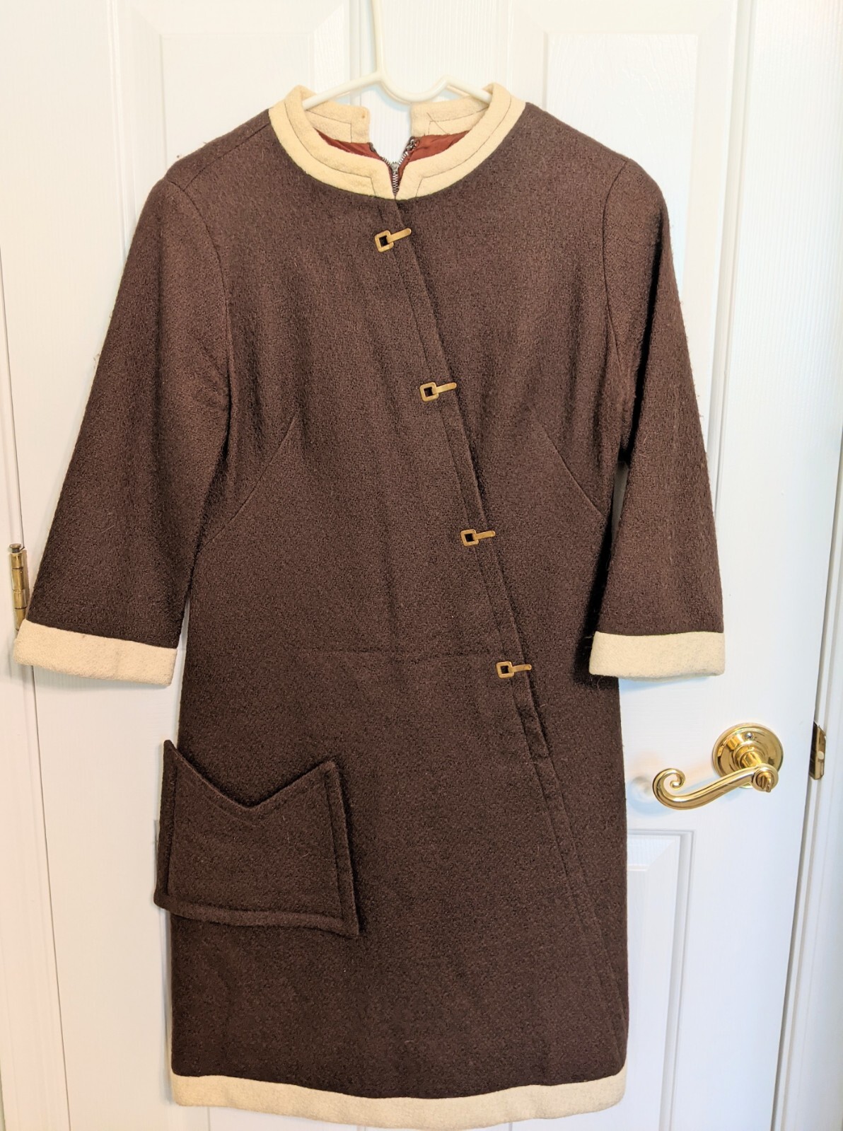 Vintage Carol Craig Mod Brown Nubby A Line Mini Dress Metal Buckles Nehru Collar