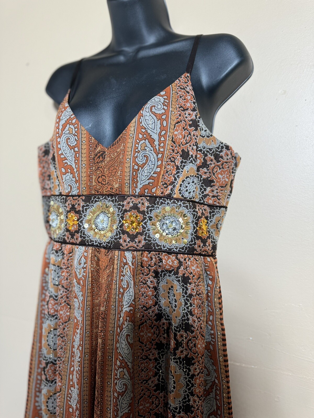 VTG Spenser Jeremy Beaded Metallic 98% Silk Sun Dress Empire Waist Brown Sz 10