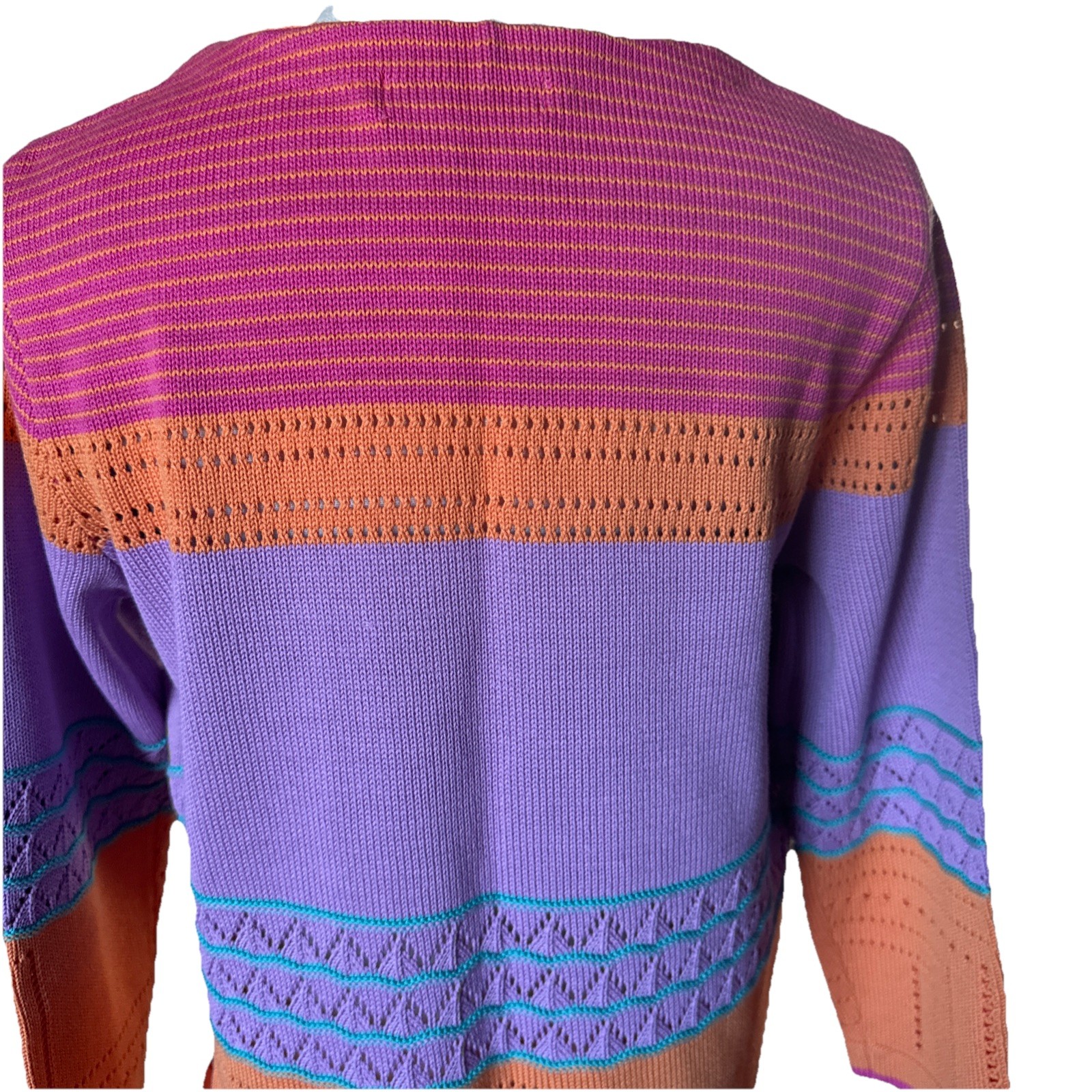 VNTG White Horse Knit Sweater Boho Art To Wear Geometric Pink Purple Orange S/M