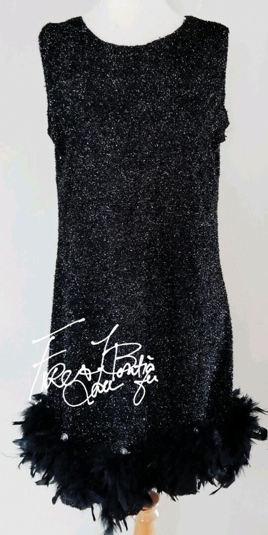 VINTAGE 60S 70S MARIBOU TRIM SPARKLE FLAPPER DRESS COSTUME SZ M L 8 10 12