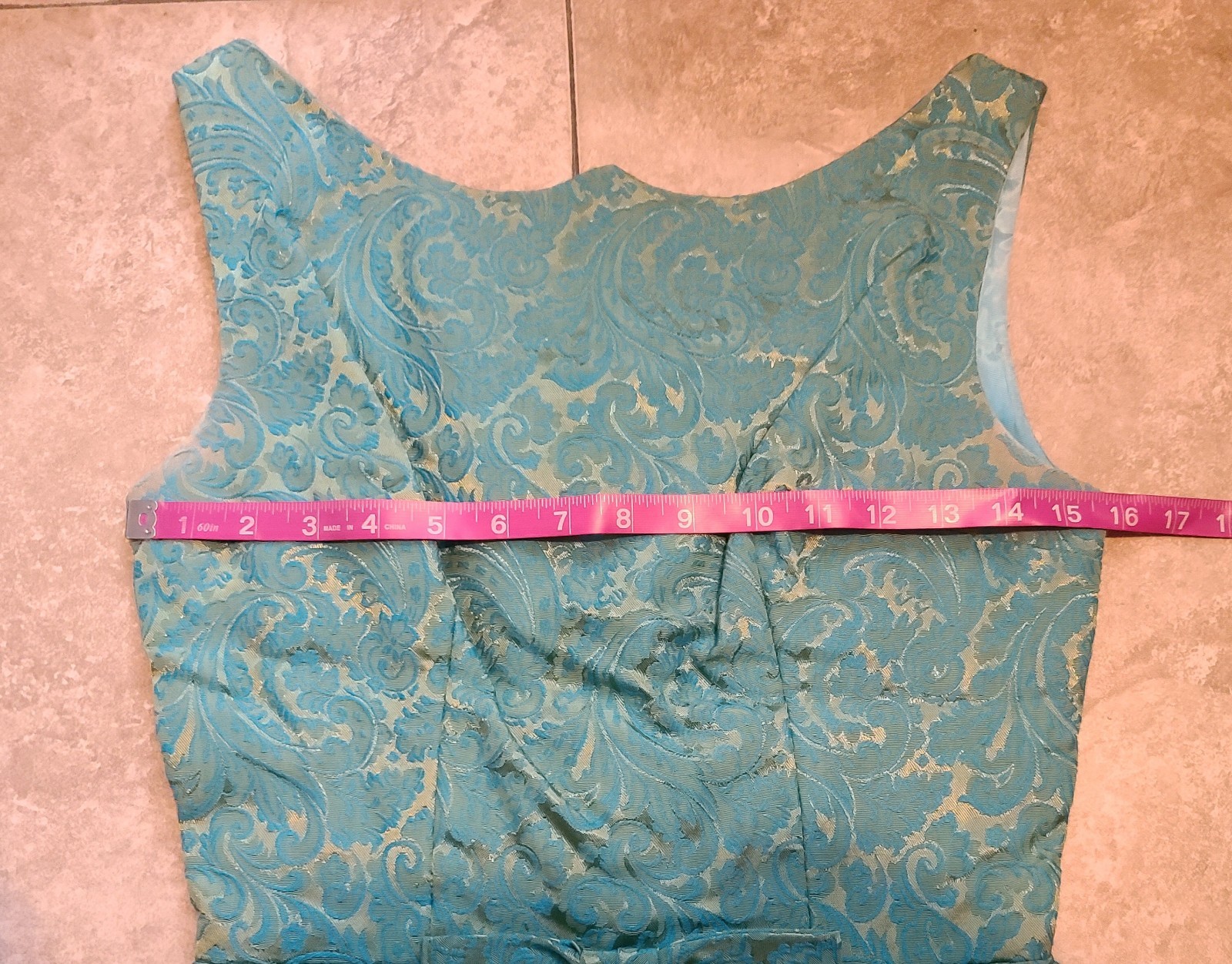 VTG 1960s Turquoise Blue & Gold Brocade Maxi Dress Women’s XS Bow Detail