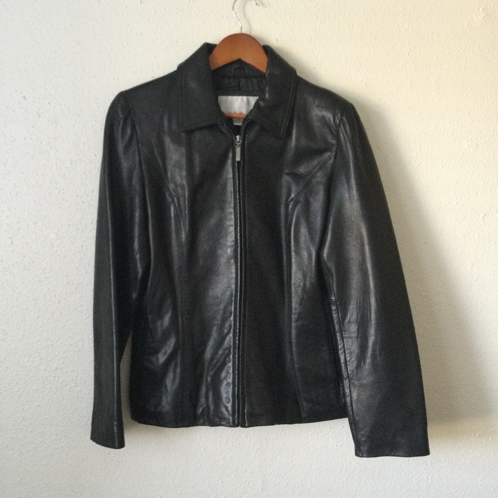 Vintage Nine West Buttery Soft Leather Zip Jacket Black Pockets Womens MEDIUM