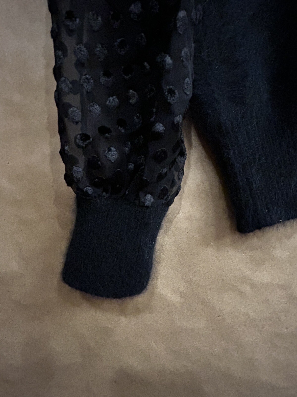 Vintage Black Sweater Size M Italy For Bullock’s Angora/ Wool Polka Dot Sleeves