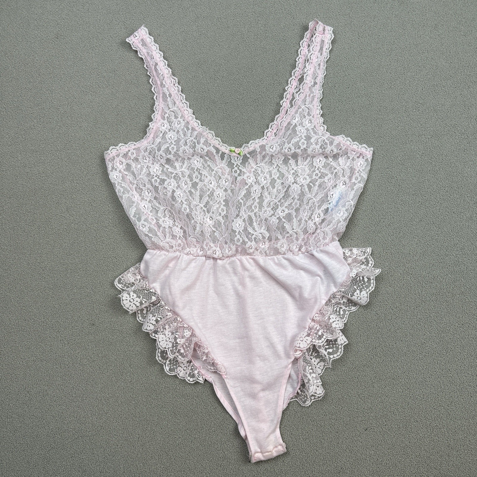 Vtg 90s Dreamwear Pink Lace Satin Teddy High Cut Snap Bottom USA M Lingerie
