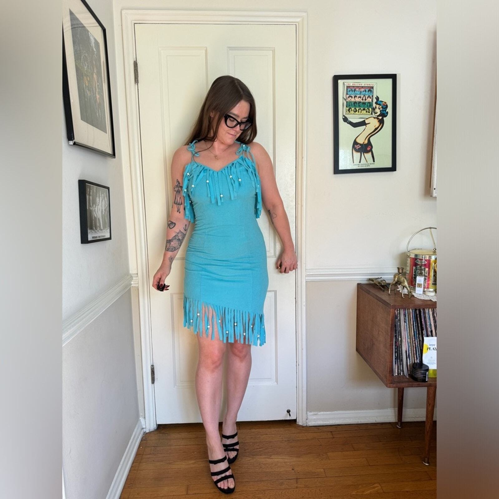 80s Vintage Fredricks of Hollywood Blue Ultra-Suede Fringe Dress
