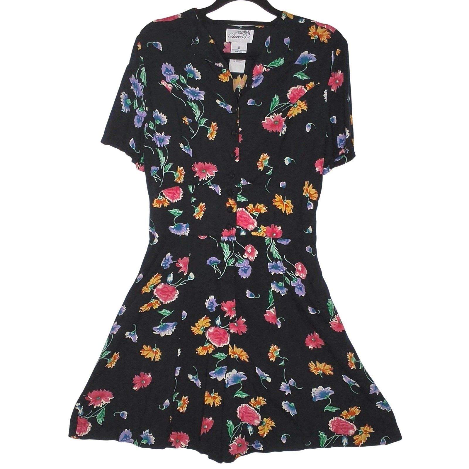 Access Vintage Floral Romper Shorts Women Small Black Short Sleeve Button Front