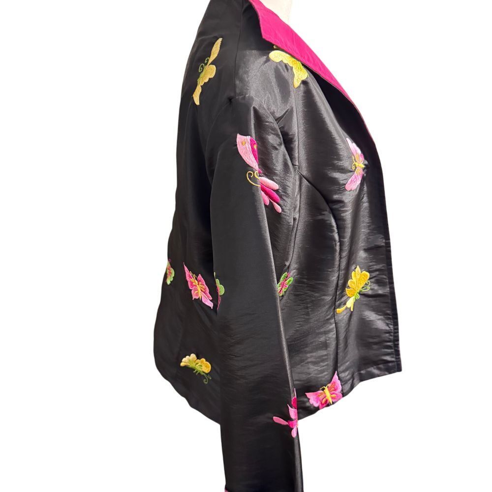 Vintage Black Silk Butterfly Embroidered Asian Style Jacket Hot Pink Trim sm/med