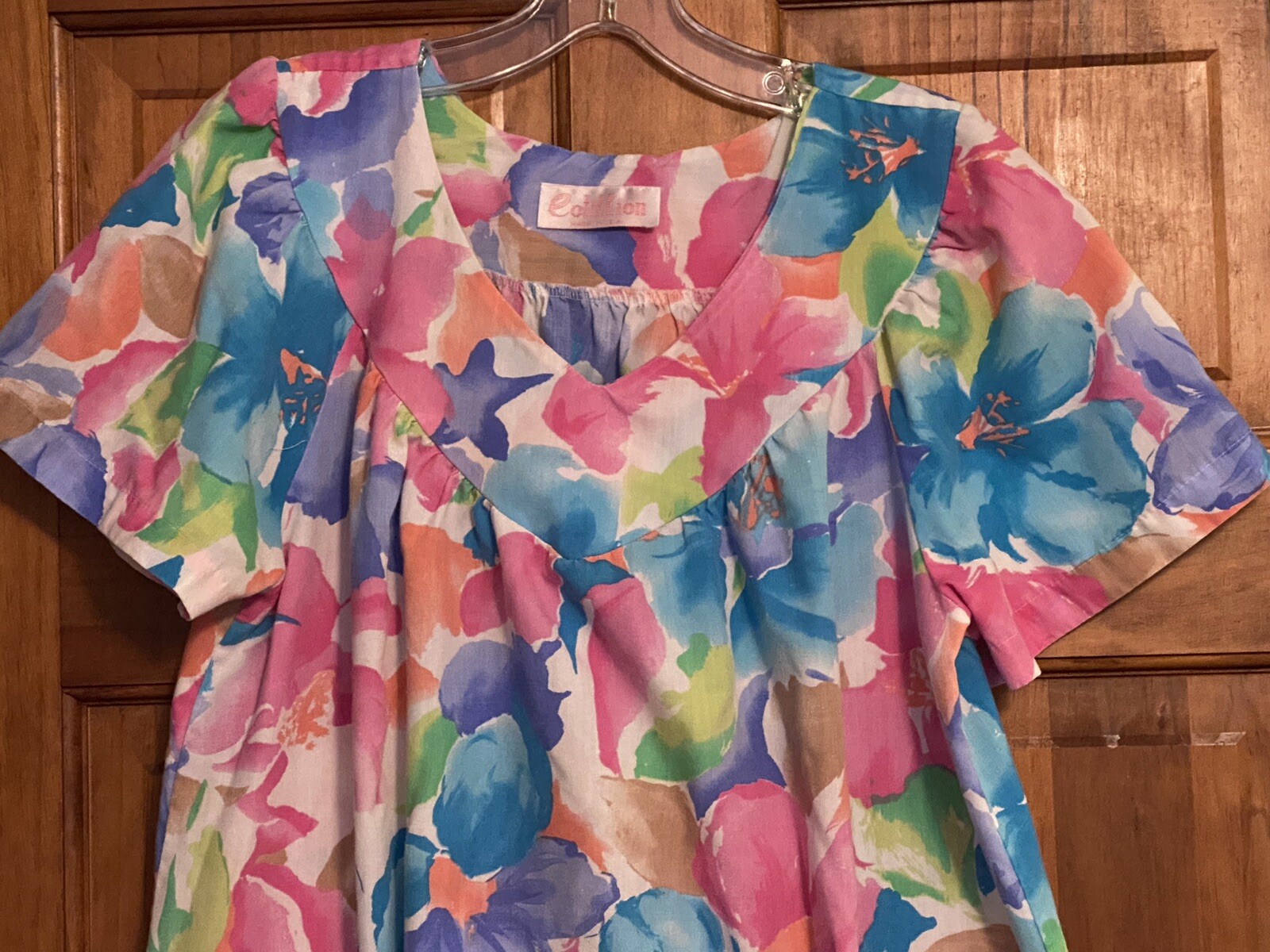 Vintage House Dress Cotillion Small USA Blue Pink Floral Short Sleeve Pullover