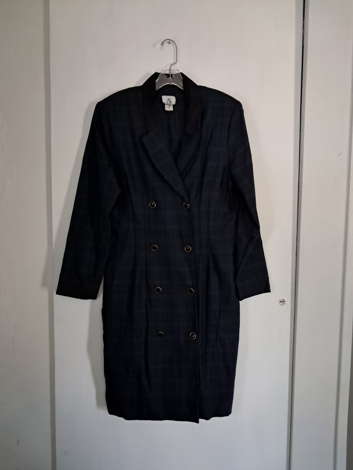 Vintage 90s Plaid Double Breasted Coat Dress CB New York Sz 14 U.S.A. Green/Blue
