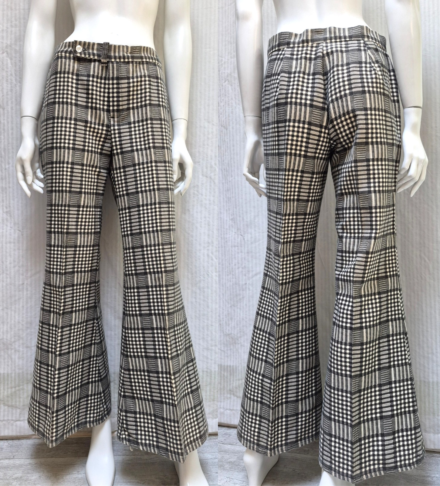 VTG 70s Sears Jr Bazaar Black White Plaid Wide Leg Bell Bottom Pants – Waist 30″