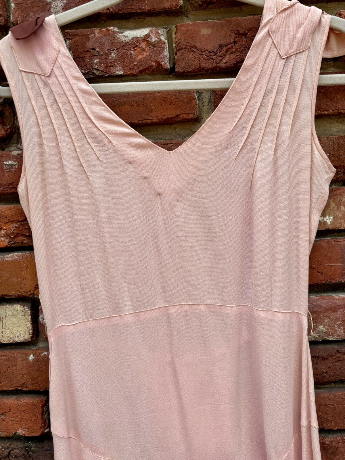 Antique Vintage 1930s Silk Rayon Pink & Brown Sleeveless Dress w/ Belt AS IS