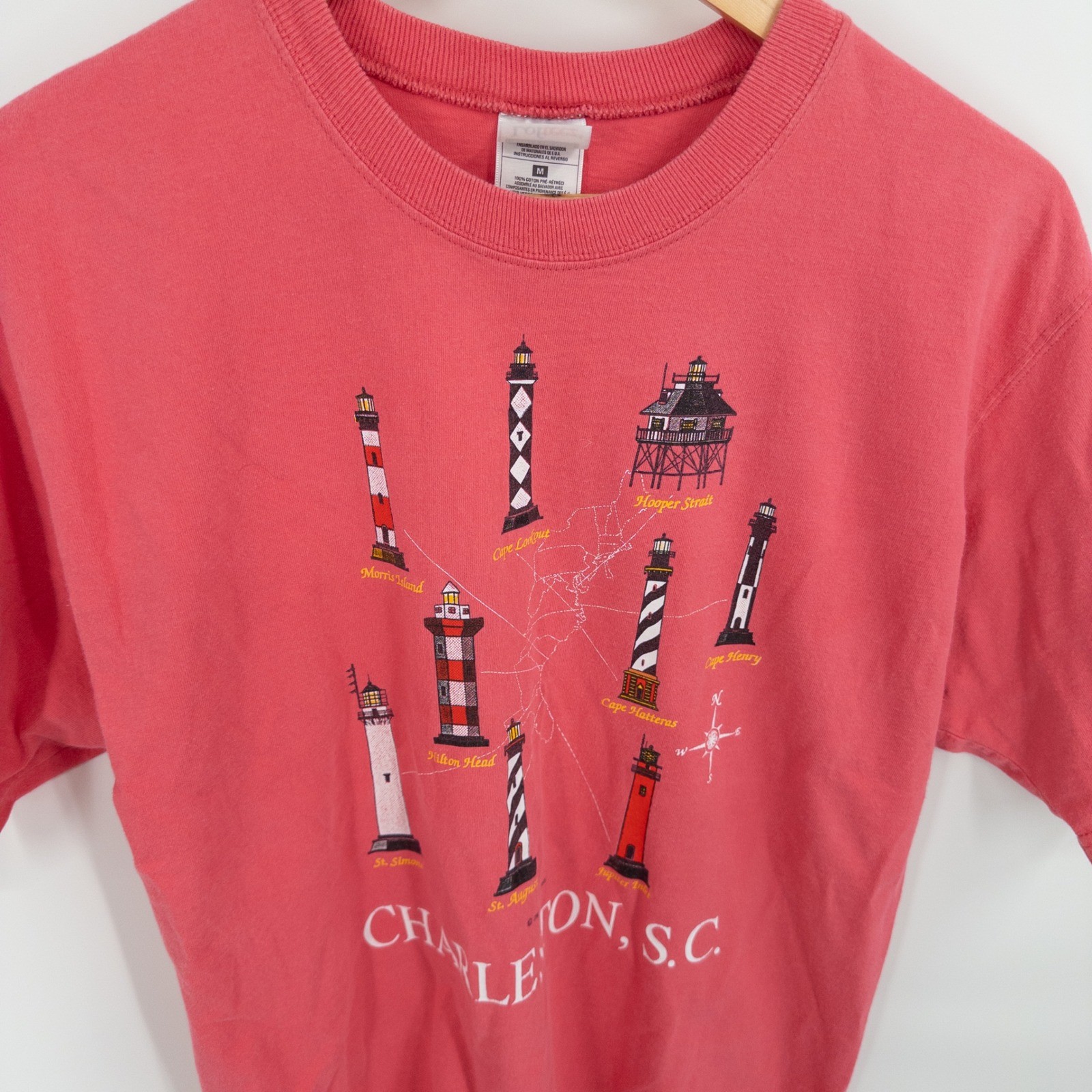 Vintage Charleston SC Lighthouse T-Shirt Womens M 90s Coral Pink Coastal Granny