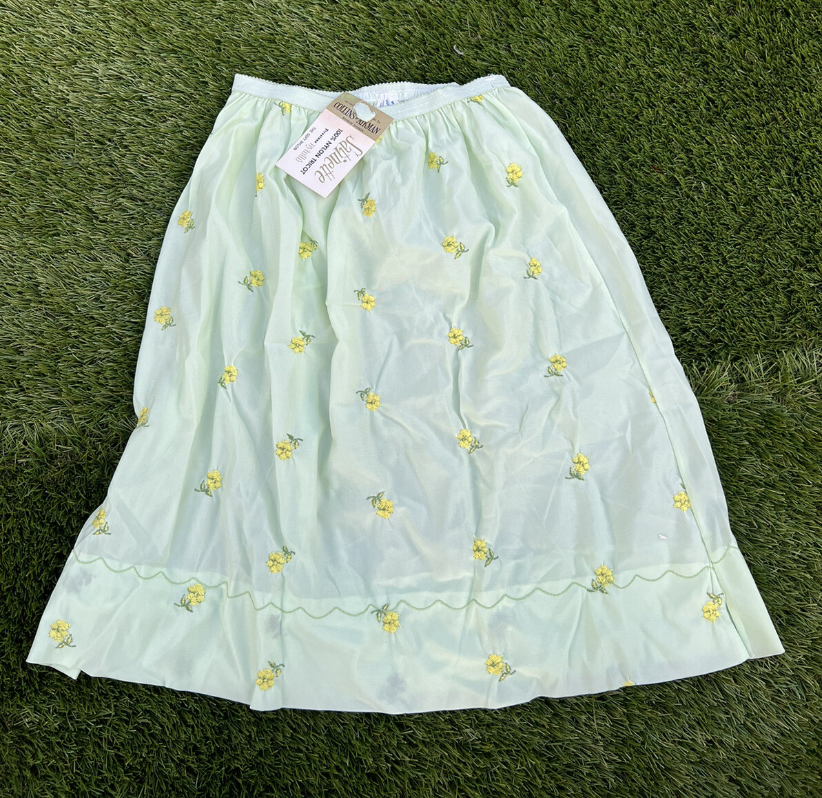 Vtg Collins Aikman Satinette Slip Lingerie 100% Nylon Tricot Lg Green/Yellow NEW