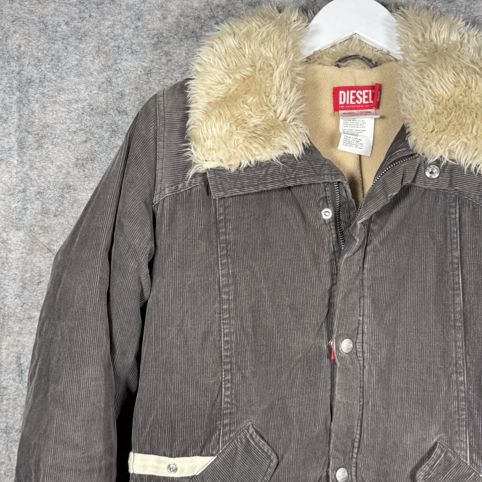 Vintage Womens Diesel Corduroy Jacket Size XXL 19×29 Faux Fur Collar Sherpa Line