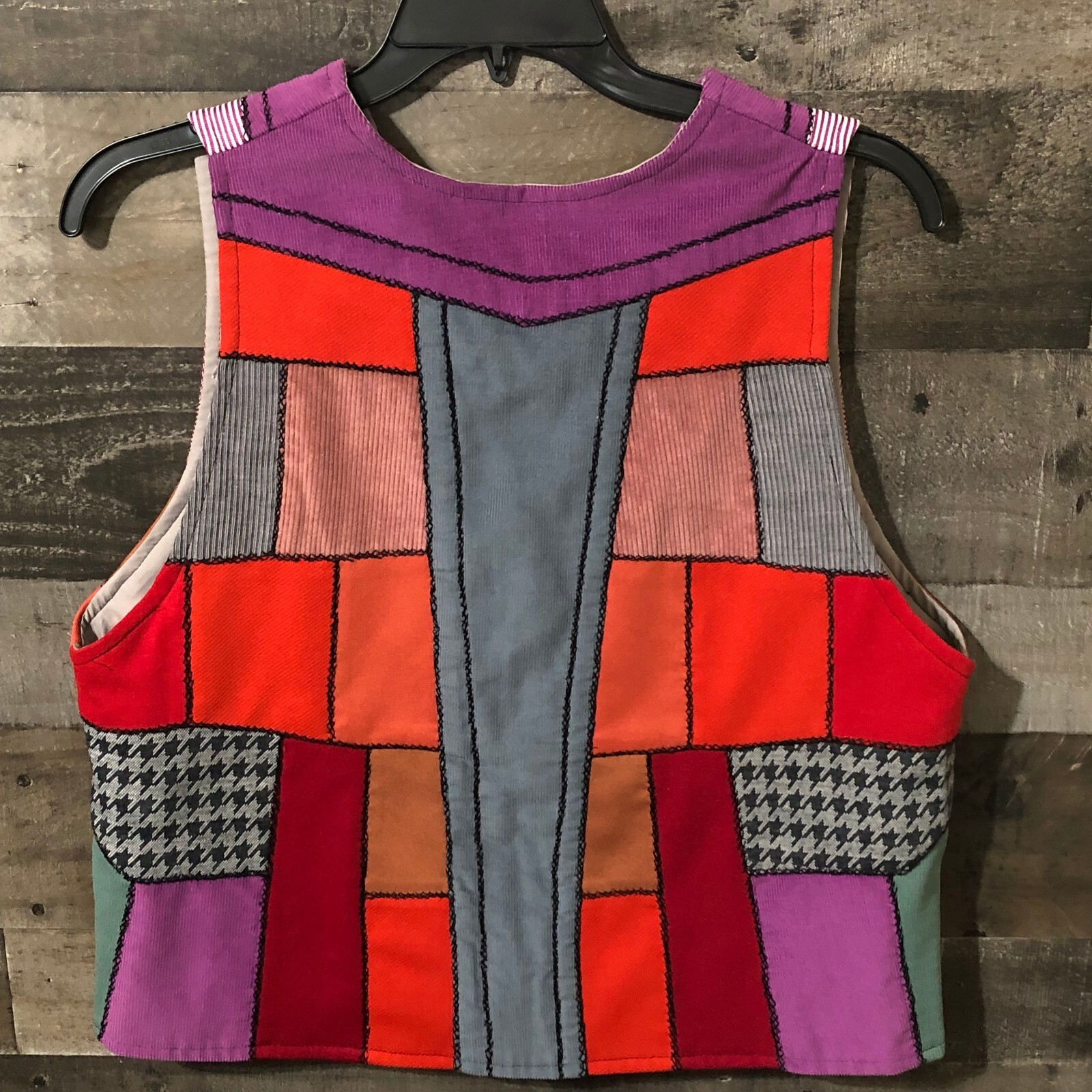 Patchwork Womens Dopamine Quilted Hand Crafted Artsy Vest Vtg Folk Hippie L