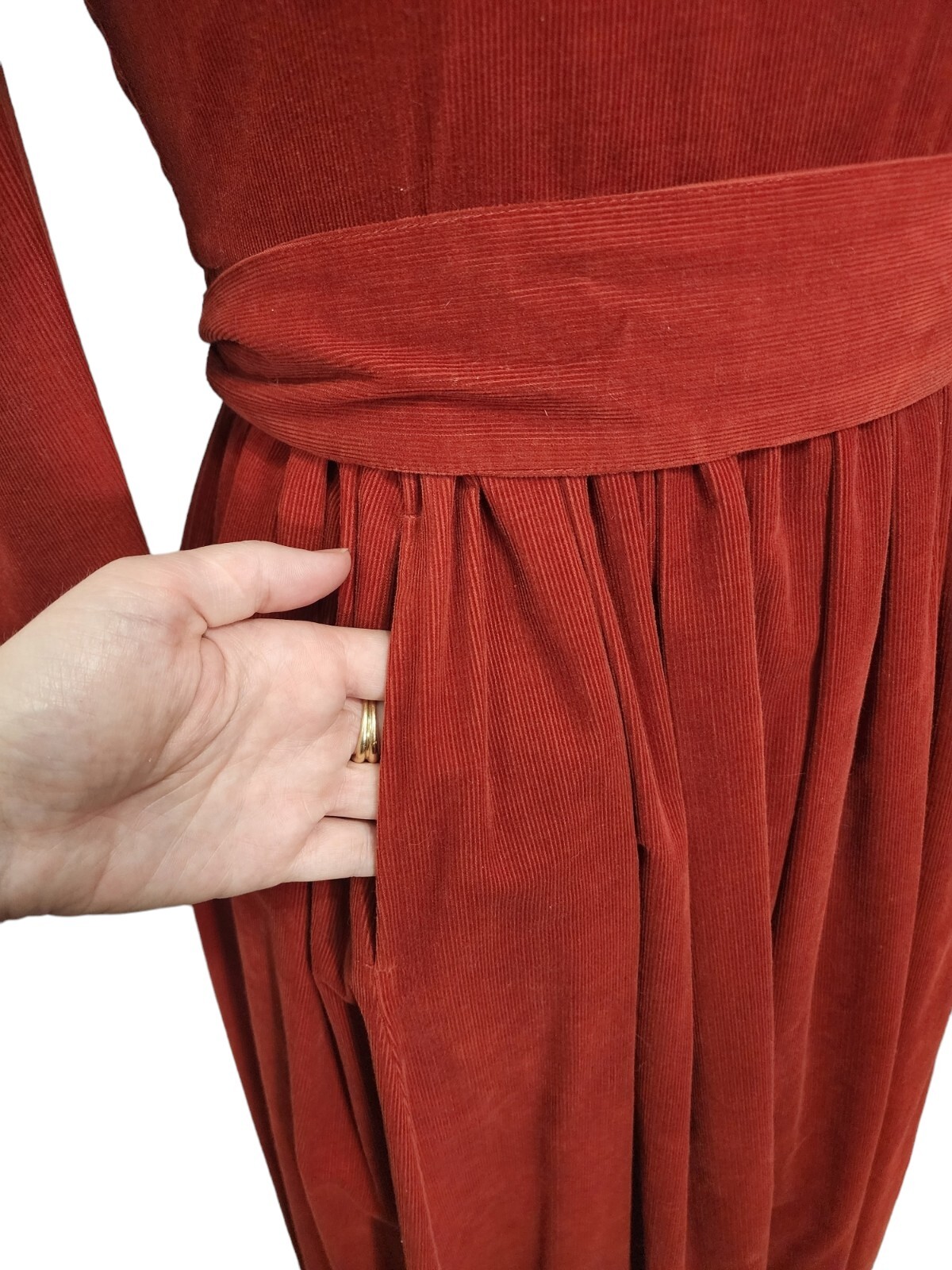 Vtg 80s Laura Ashley Dress Corduroy Orange Puff Sleeve Pockets Belt UK 10/US 6