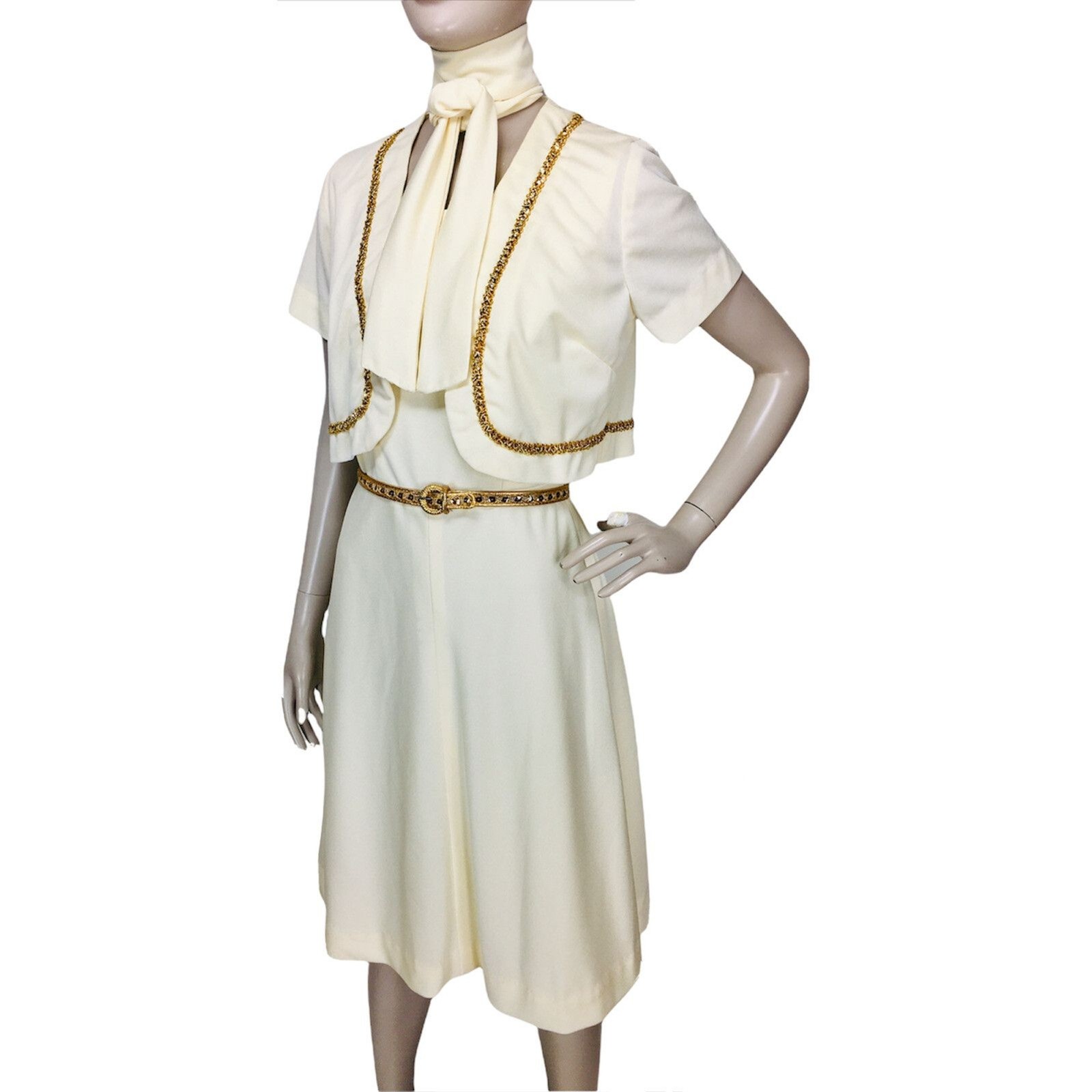 Vintage 60s Ivory & Gold Belted Dress Bolero Jacket Head Scarf 4 Piece Set