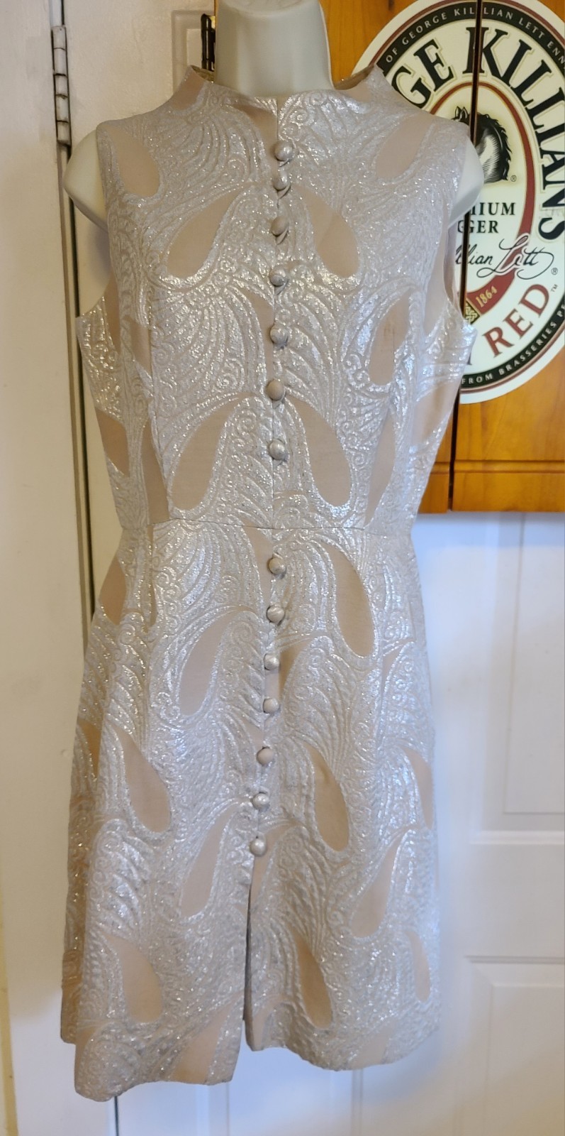 VTG MOD 60 Eve Le Coq Tan Metallic Silver Lame Brocade Paisley Dress Women’s S-M