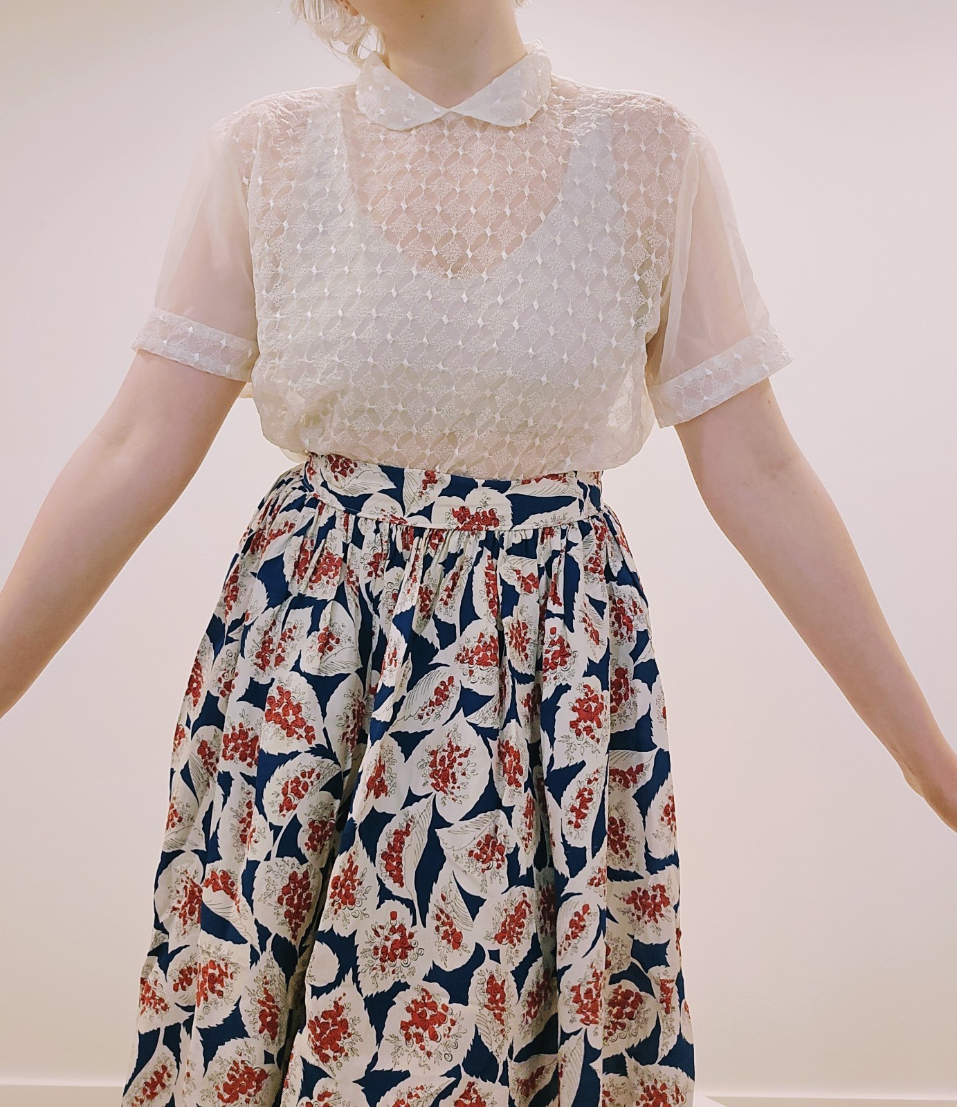 40s VTG Sheer Peter Pan Collar Blouse Sm/Med PinUp Nylon Sweet Kawaii Top Button