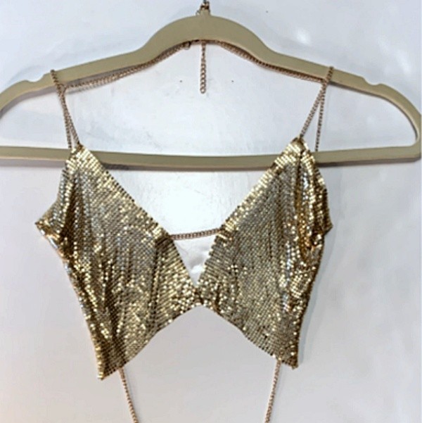 VTG 1980s Gold Mesh Backless Halter Top Bra Style Shoulders w/ Back Chain Size S