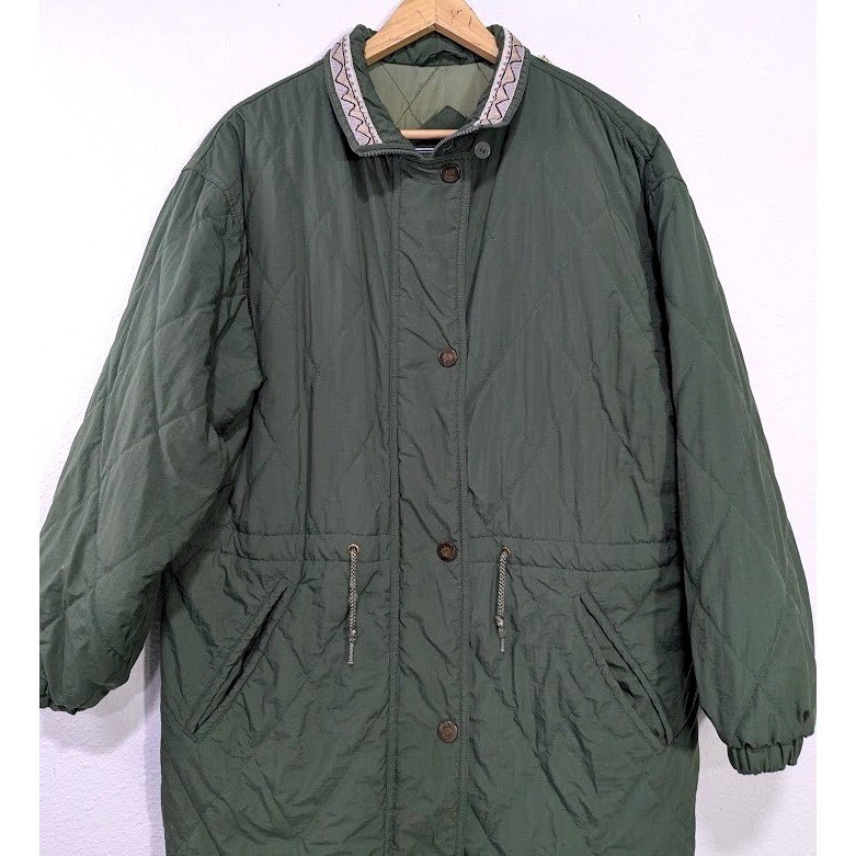 Vintage Olive Green M Quilted Parka Jacket Patterned Collar Drawstring Waist