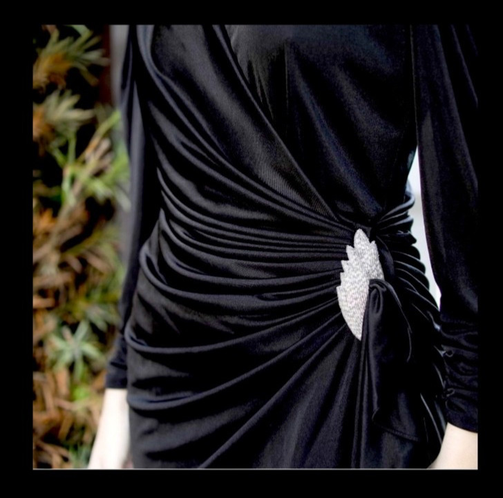 RARE Vintage 1980s Black Filigree Draped Cocktail Dress — Rhinestone Brooch Deta