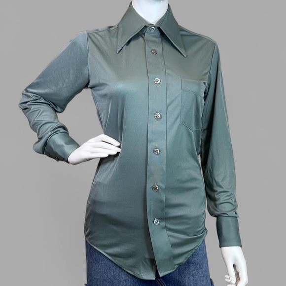 Madison Vintage 70s Sage Green Nylon Disco Shirt Dagger Collar Blouse Womens S