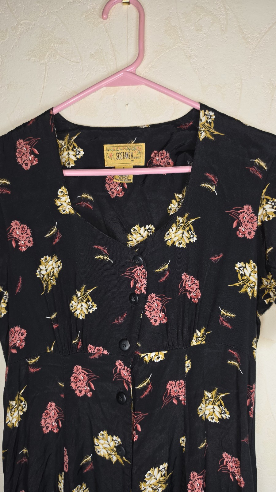 Vtg Sostanza Black Floral Button Front Short Sleeve Maxi Dress 90s grunge Small