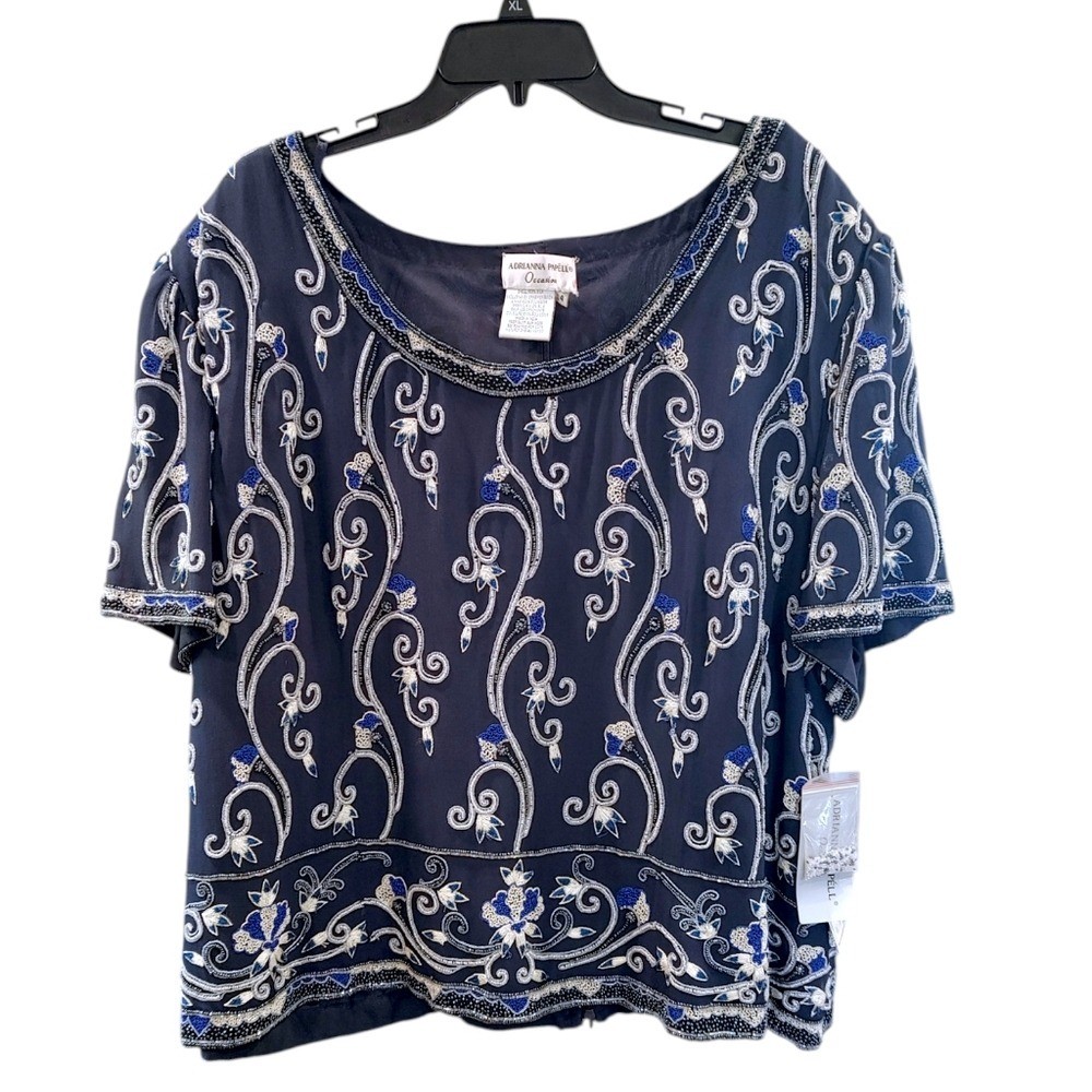 Adriana Papel Vintage Beaded Short Sleeve Shoulder Pad Top Blouse Womens Size 24