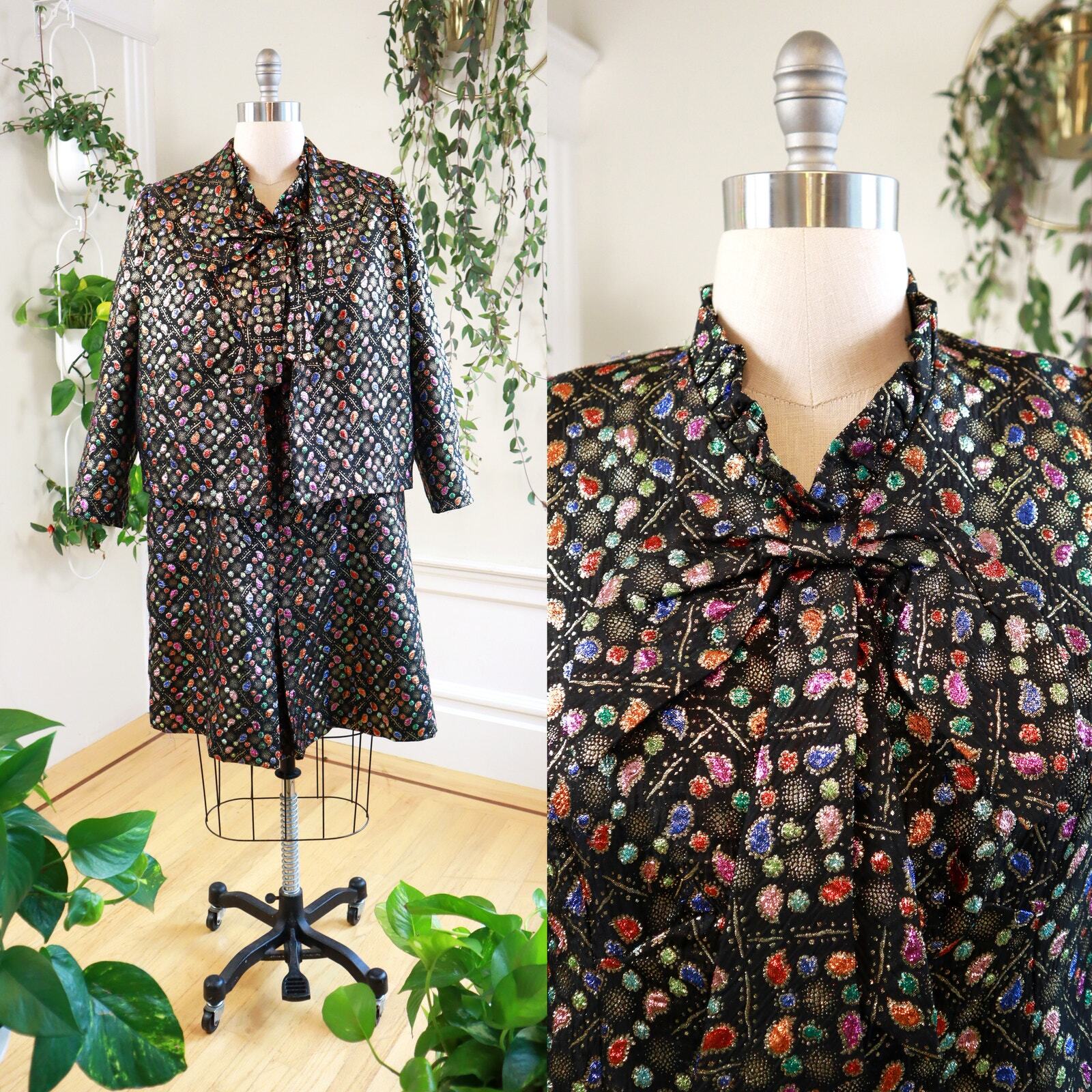 Vintage 1970s Dress Set 70s Metallic Jewels Gems Party Jacket Sparkly Cocktail