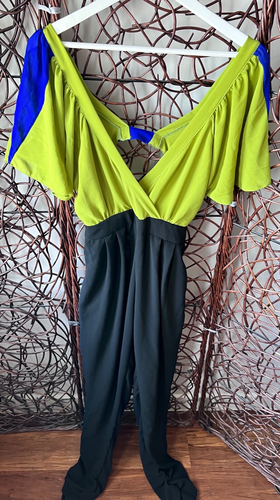 BUTTERFLY SLEEVE ONE PIECE RETRO GREEN, BLUE AND BLACK CHIFFON JUMPSUIT