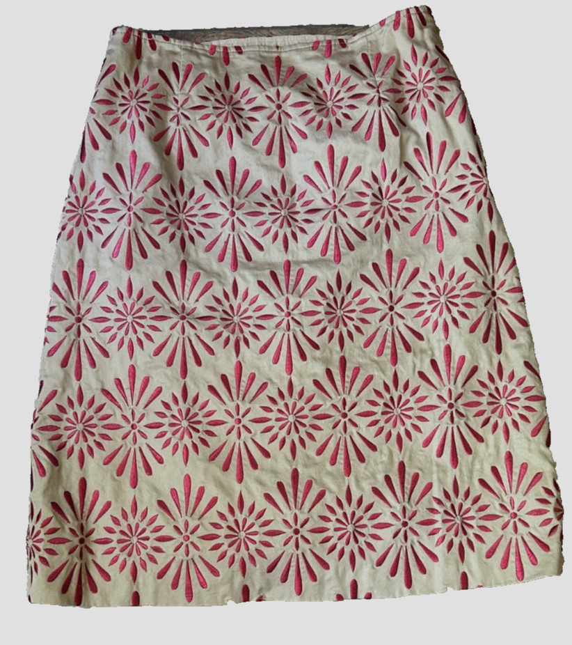 Vtg Talbots Pencil Skirt 100% Cotton Tan w/ Red Embroidery Floral, Lined, 4-UEC