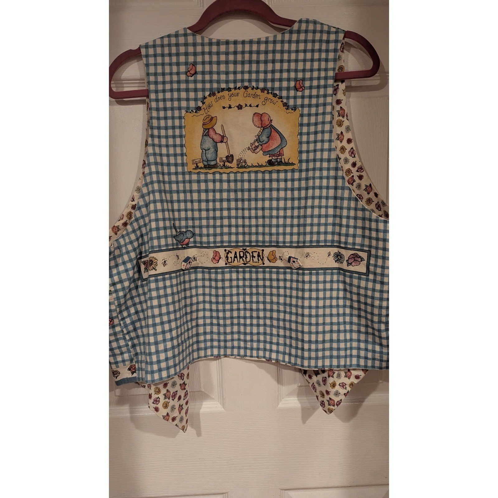 Vintage Reversible Garden Floral Vest Blue Gingham Sunflower Novelty Buttons