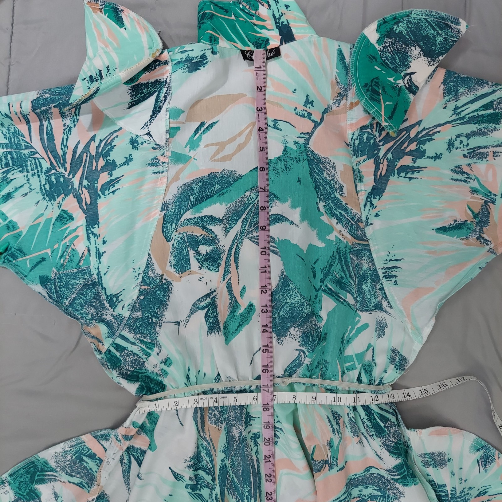 Vintage 80s Caliche Abstract Shirt Dress Belted Teal Button Front Midi Sz 8