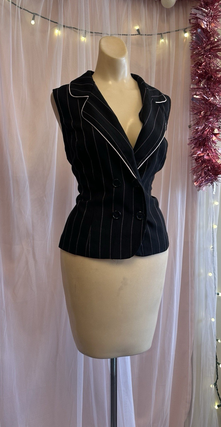 Vintage 90s Pinstripe Vest Top Black Pink Sleeveless Preppy Minimalist M/L