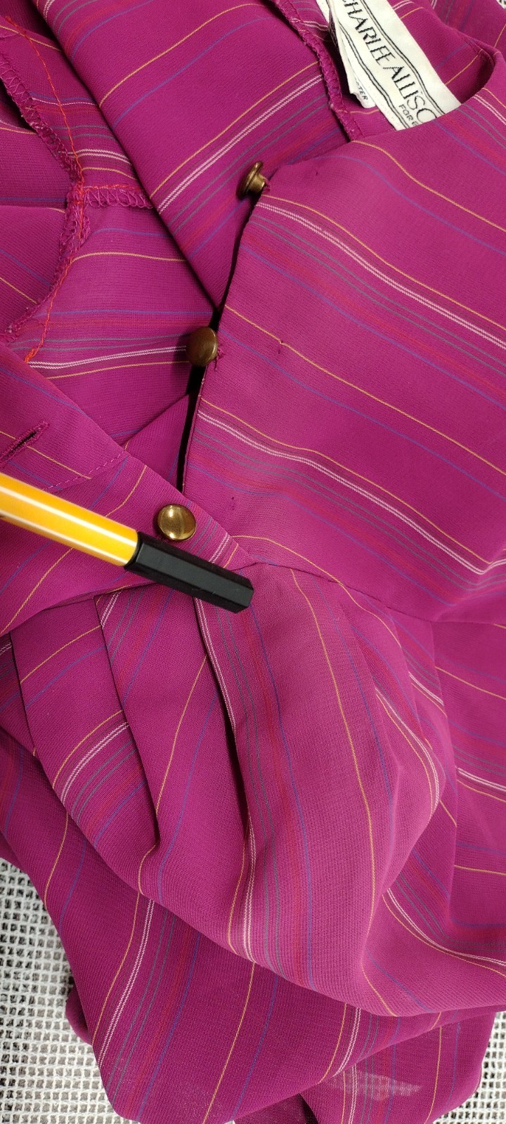 70s 80s Dress Pink Fuchsia Stripes Sheer Short Puffy Sleeve 40s 3/4 Sleeves M
