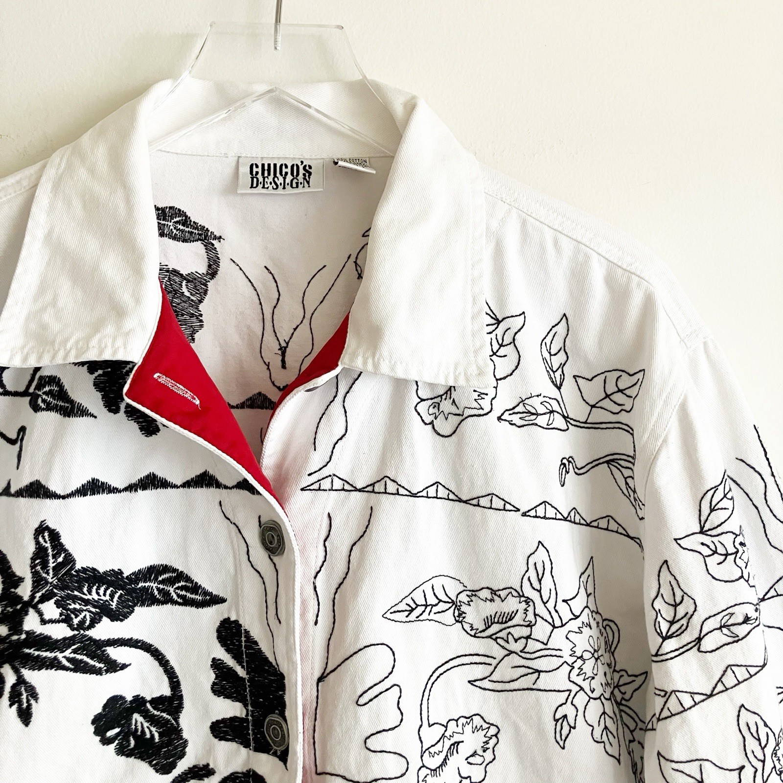 VTG Chicos Design Embroidered Jean Jacket Sz 3 / XL 16 White Denim Black Y2K