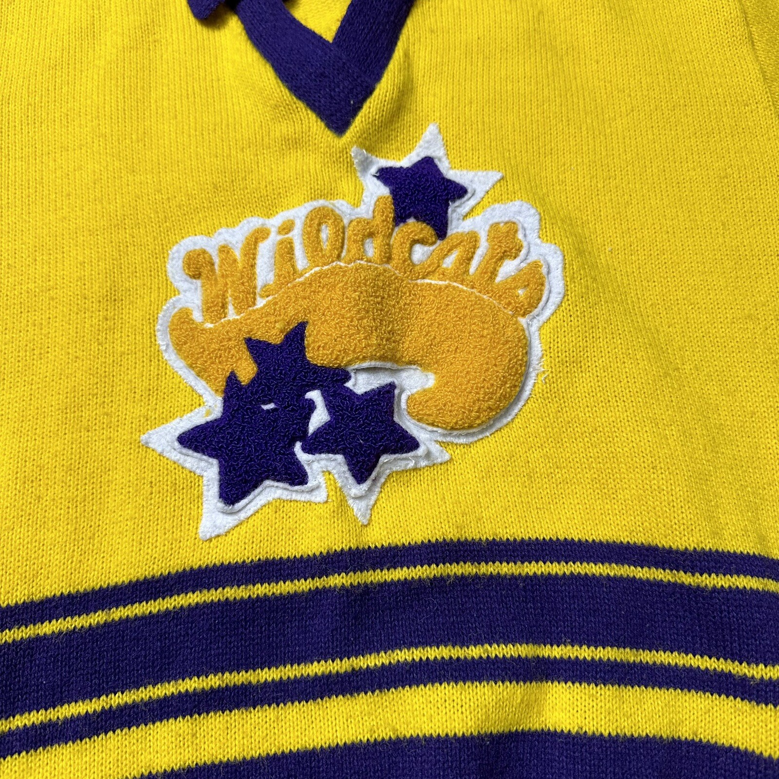 Vtg Dehen Varsity Wildcats “Joni”Cheerleader Acrylic Purple Yellow Retro Patches