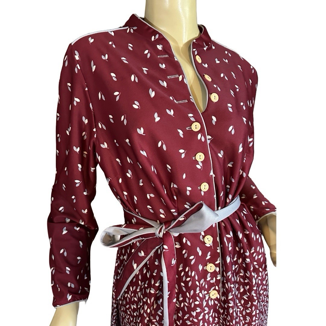 VINTAGE 1980’S LORAC BURGUNDY & GRAY LEAF PRINT SHIRT DRESS SIZE XL